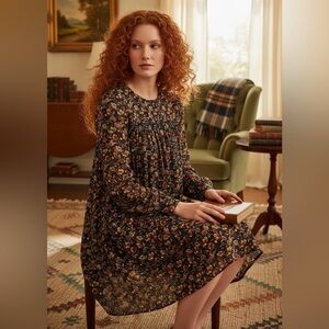 Zara Dark Floral Sheer Long Sleeve Babydoll Dress Size M